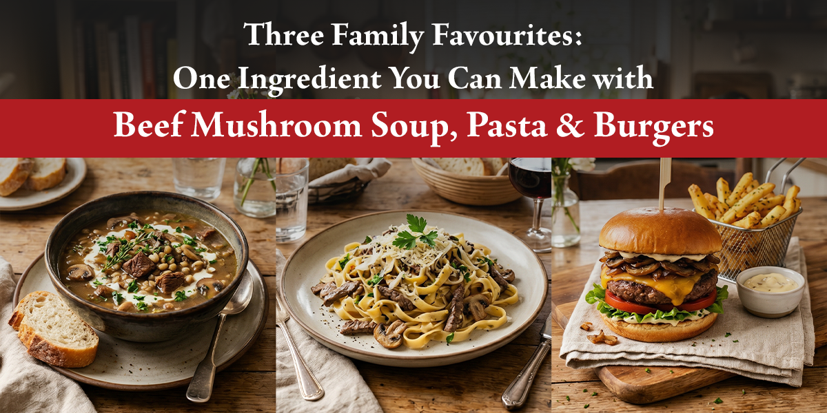 Three Family Favourites: One Ingredient You Can Make with Beef Mushroom Soup, Pasta & Burgers